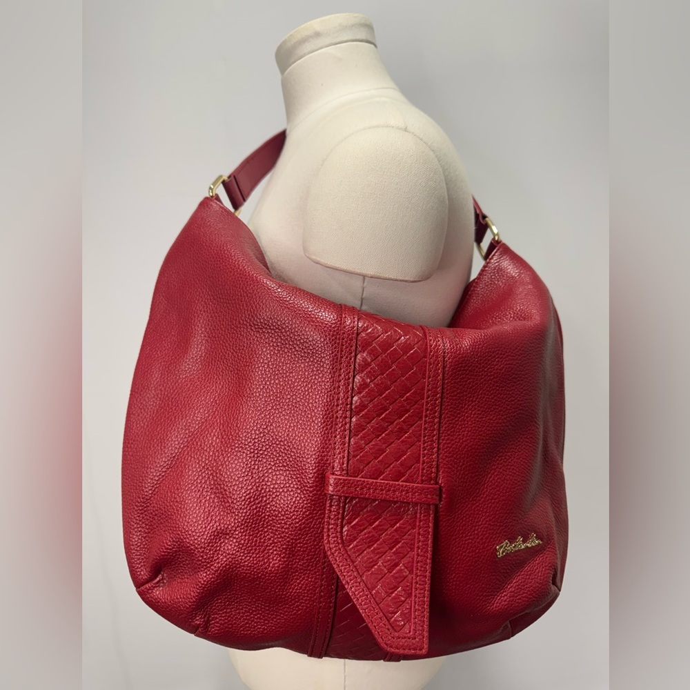 Bostanten Red  Leather 7 Pocket Shoulder Bag   12 x 12" x 4" like new